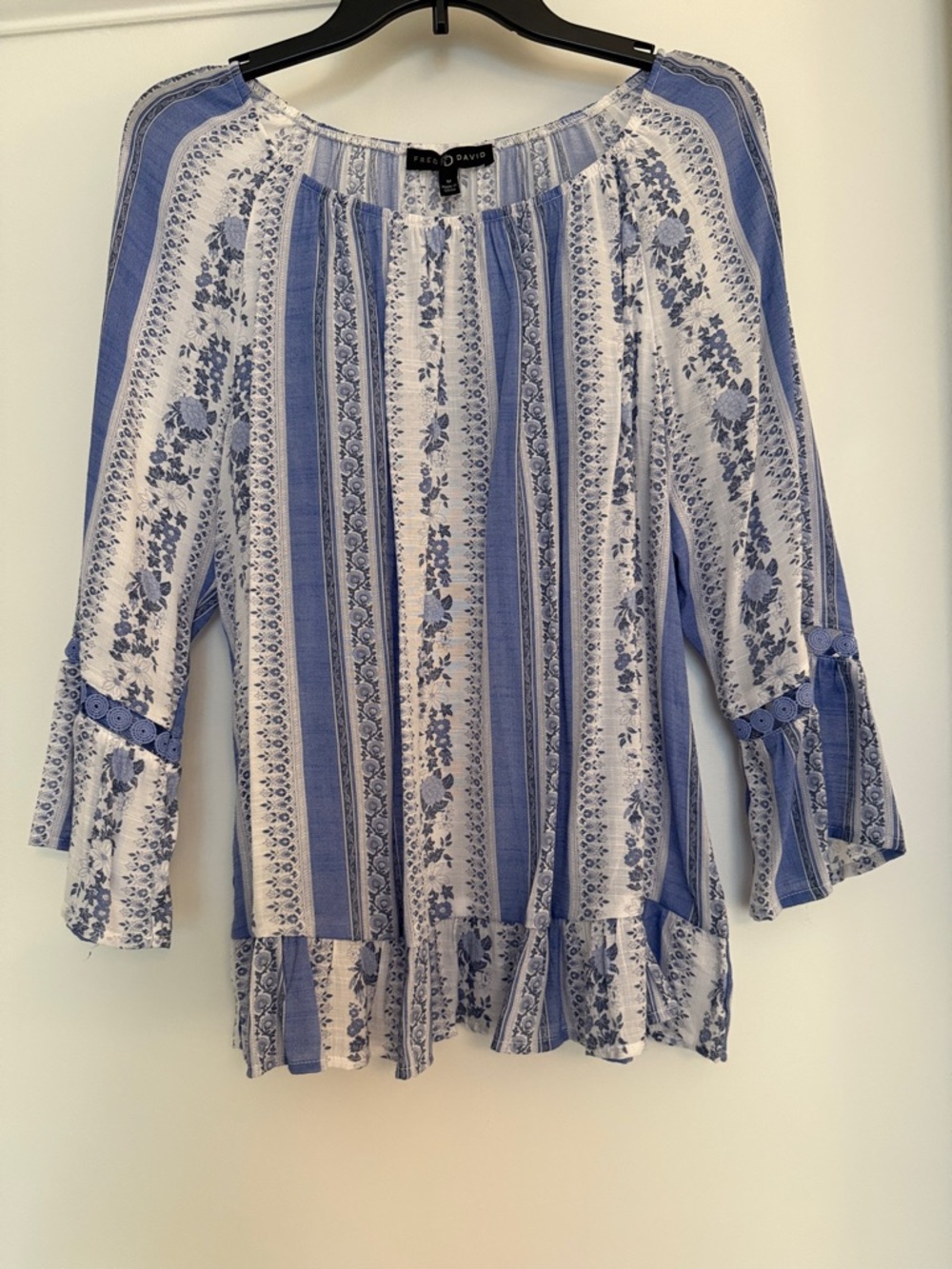 Fred David Blue and White Striped Floral Peasant Blouse